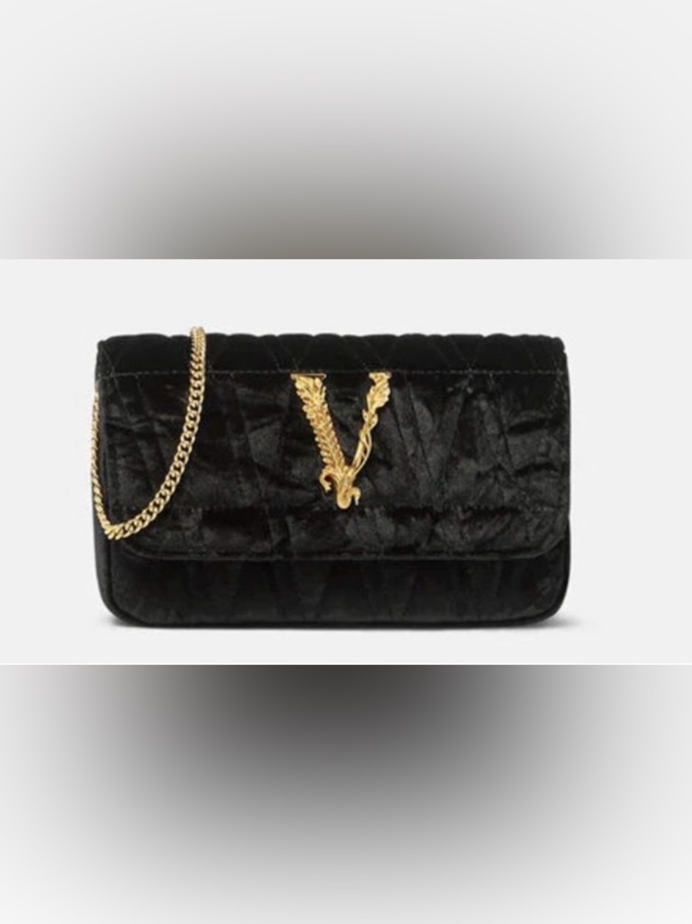 Versace Black Quilted Velvet Shoulder Bag with Gold V and Gold Hardware Chain